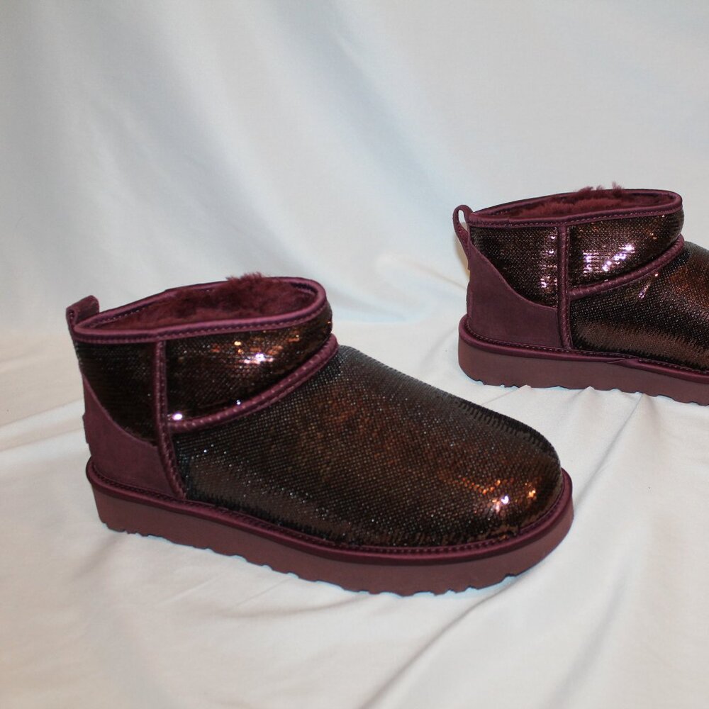 NIB UGG ULTRA MINI BURGUNDY‎ SEQUIN SHEARLING LINED ANKLE BOOTS - Picture 5 of 8